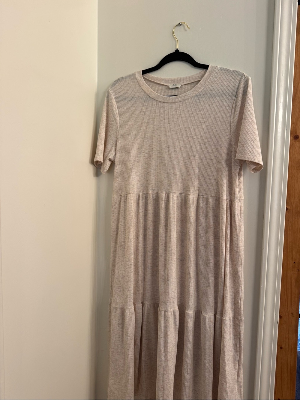 Light Pink Ribbed Short-Sleeve Tiered Midi Dress